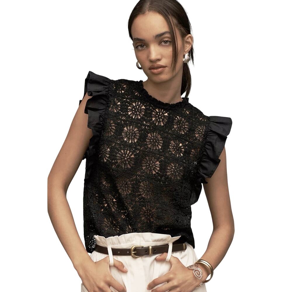 NWT ANTHROPOLOGIE FLAT WHITE Women’s Black Crochet Flutter Sleeve Top